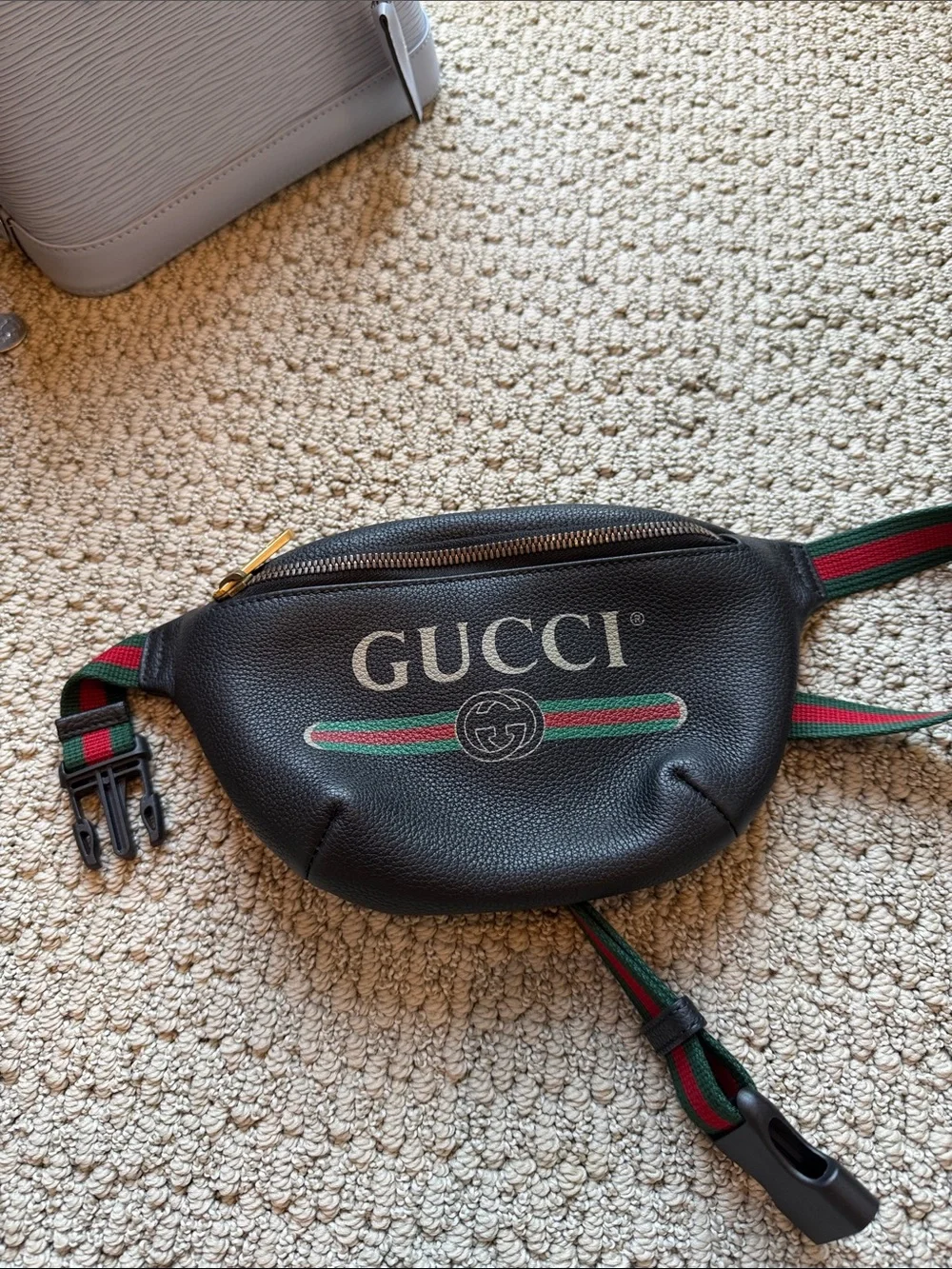 Gucci Black Leather Logo Belt Bag with Green and Red Web Stripe - Picture 1 of 5